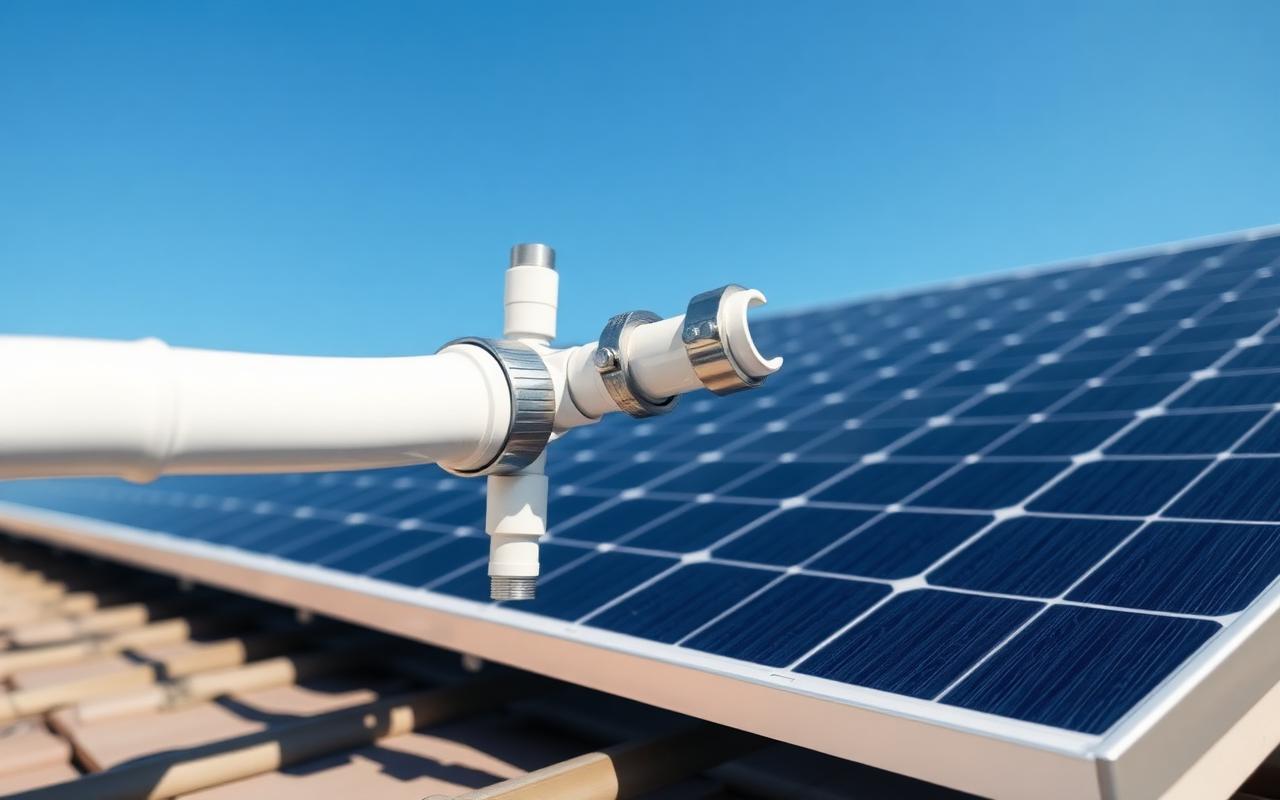 Eletroduto de PVC fixado em telhado ao lado de painéis solares fotovoltaicos
